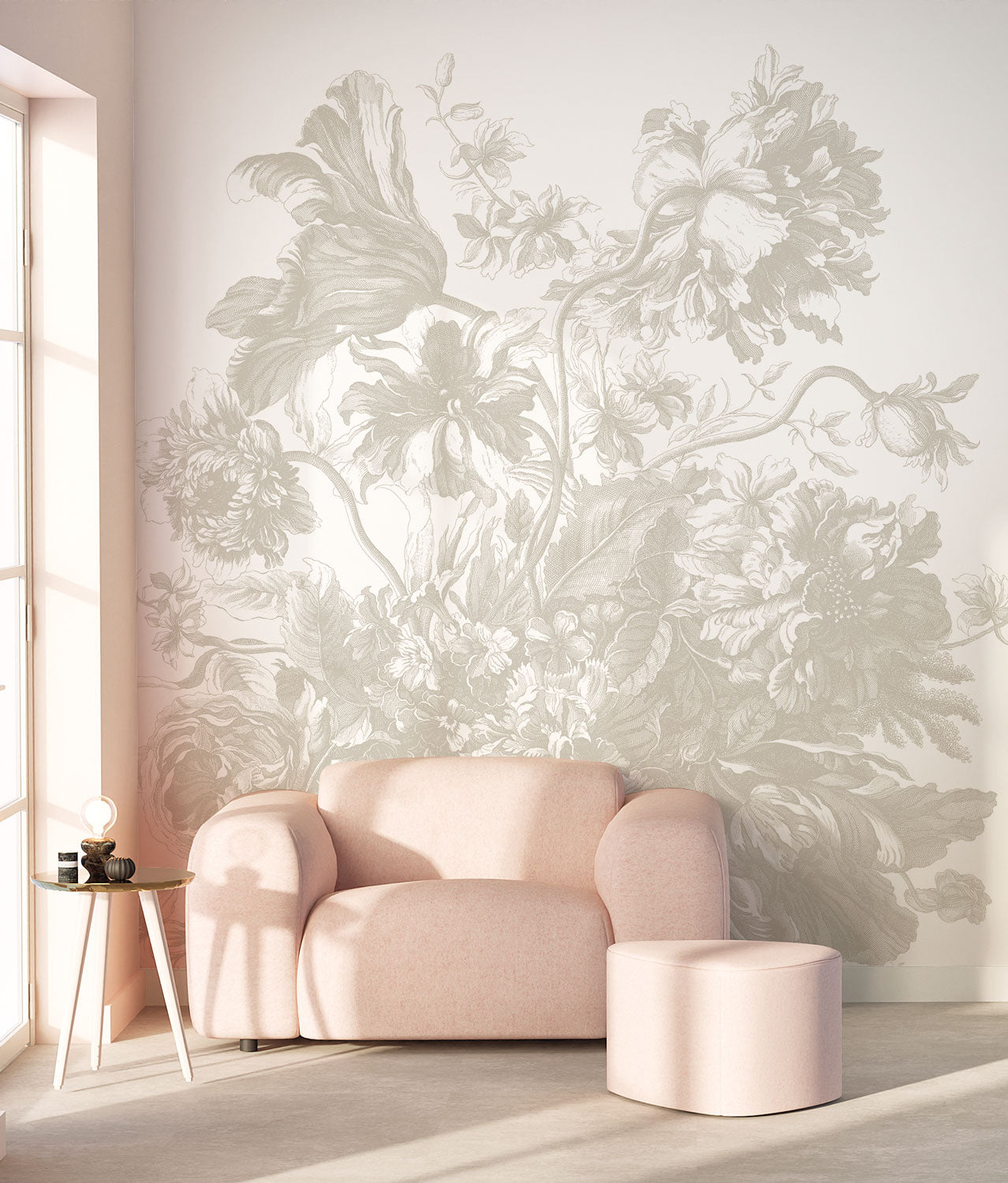 Engraved Flowers, Bloemen behang door Frans Uyterlinde, Grijs, Interieur 2