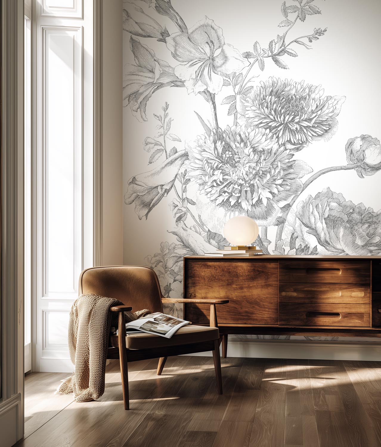 Bloemen behang, Engraved Flowers, WP-330, Interieur
