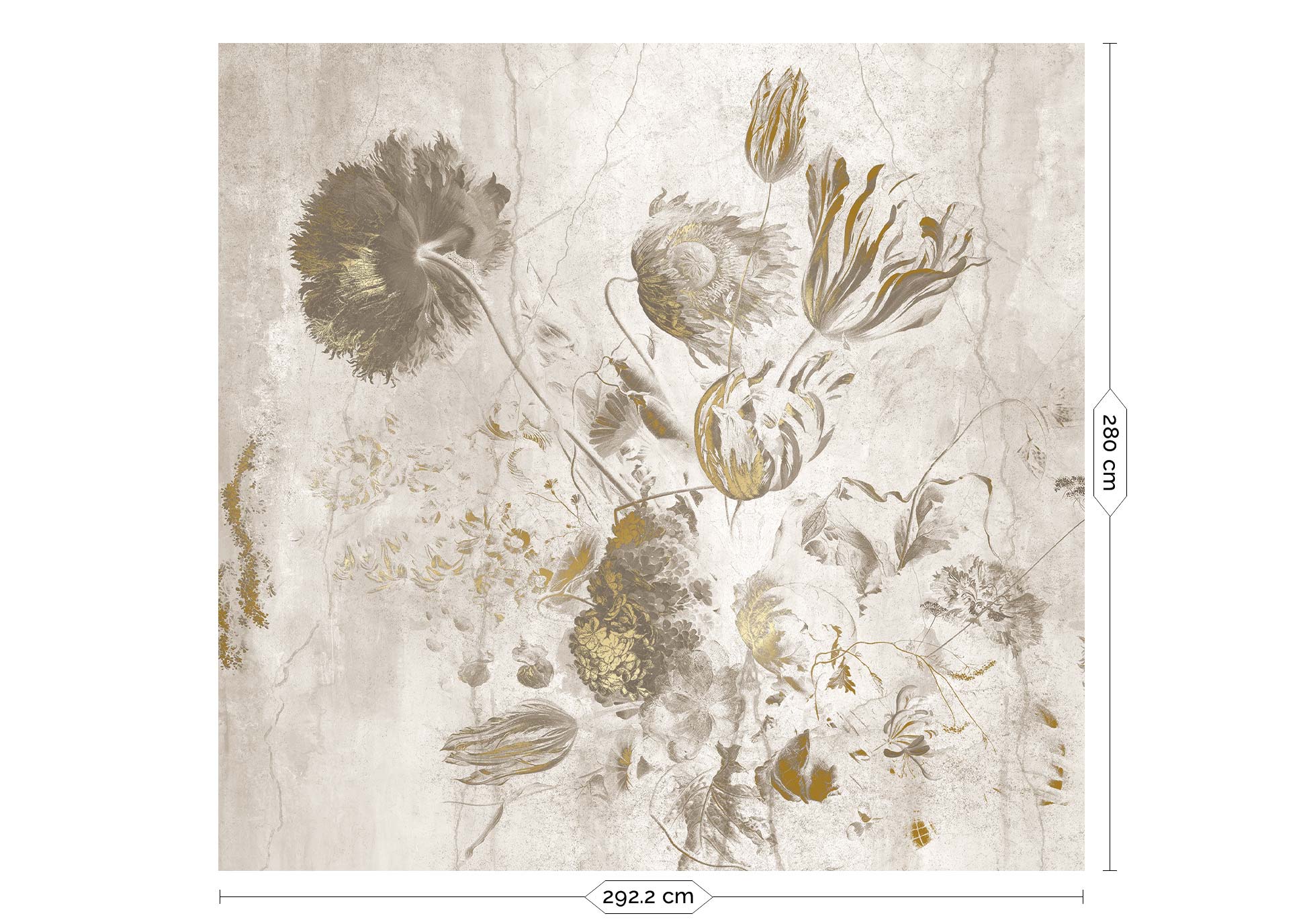 Fresco Flowers, bloemen behang door Frans Uyterlinde, Goud/Wit, 6 Baans