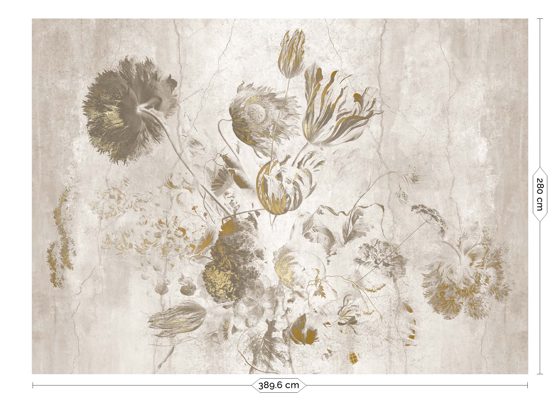 Fresco Flowers, bloemen behang door Frans Uyterlinde, Goud/Wit, 8 Baans