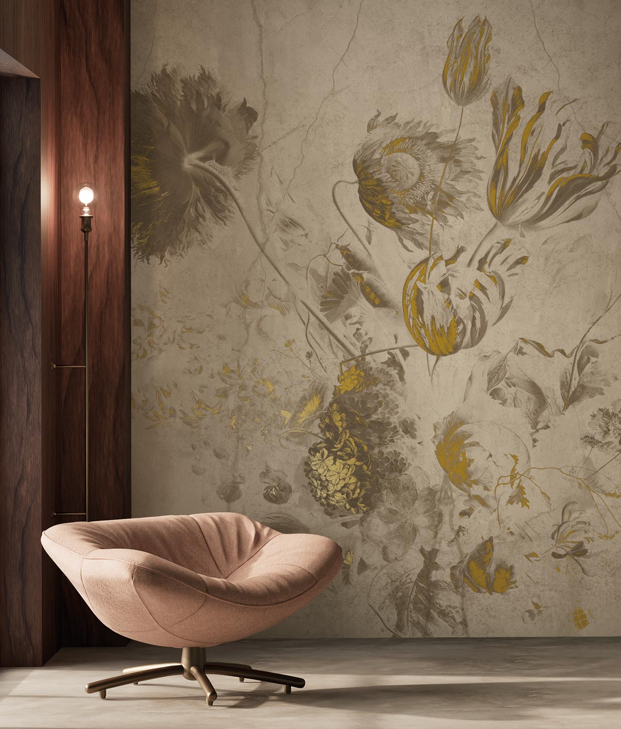 Goud bloemen behang Fresco Flowers door Frans Uyterlinde, FU-051, Interieur 2