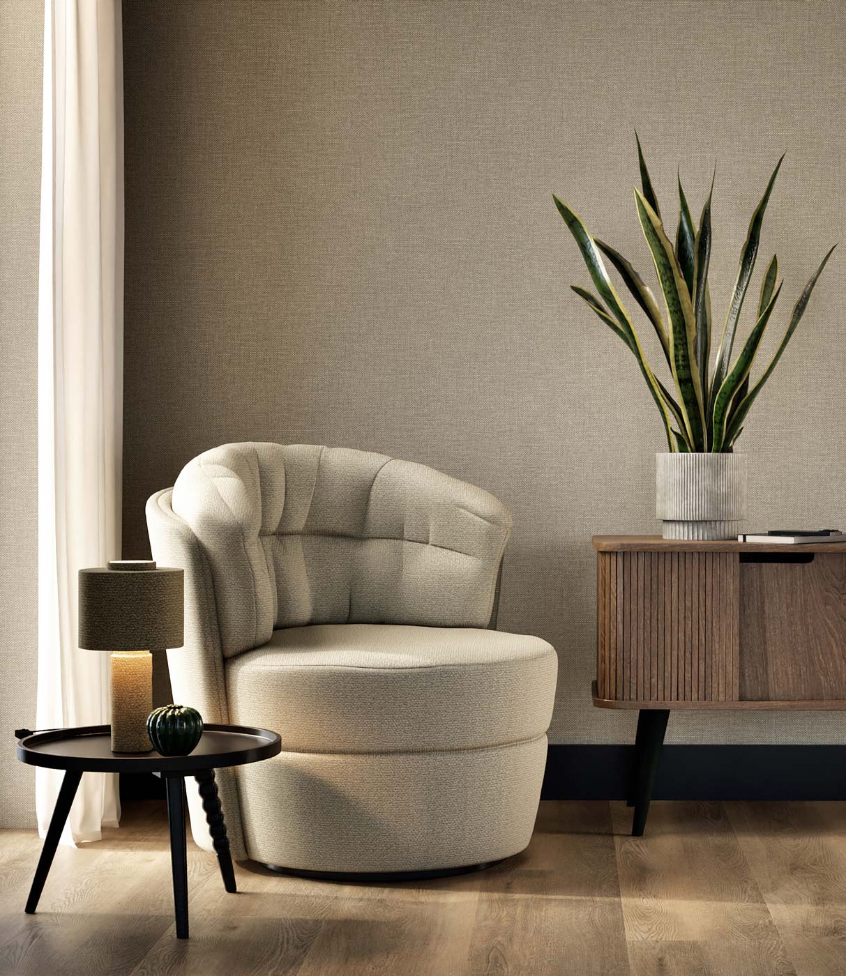 Behang linnen look Natural Chique, Madeira, 53 x 1000 cm, Interieur 2
