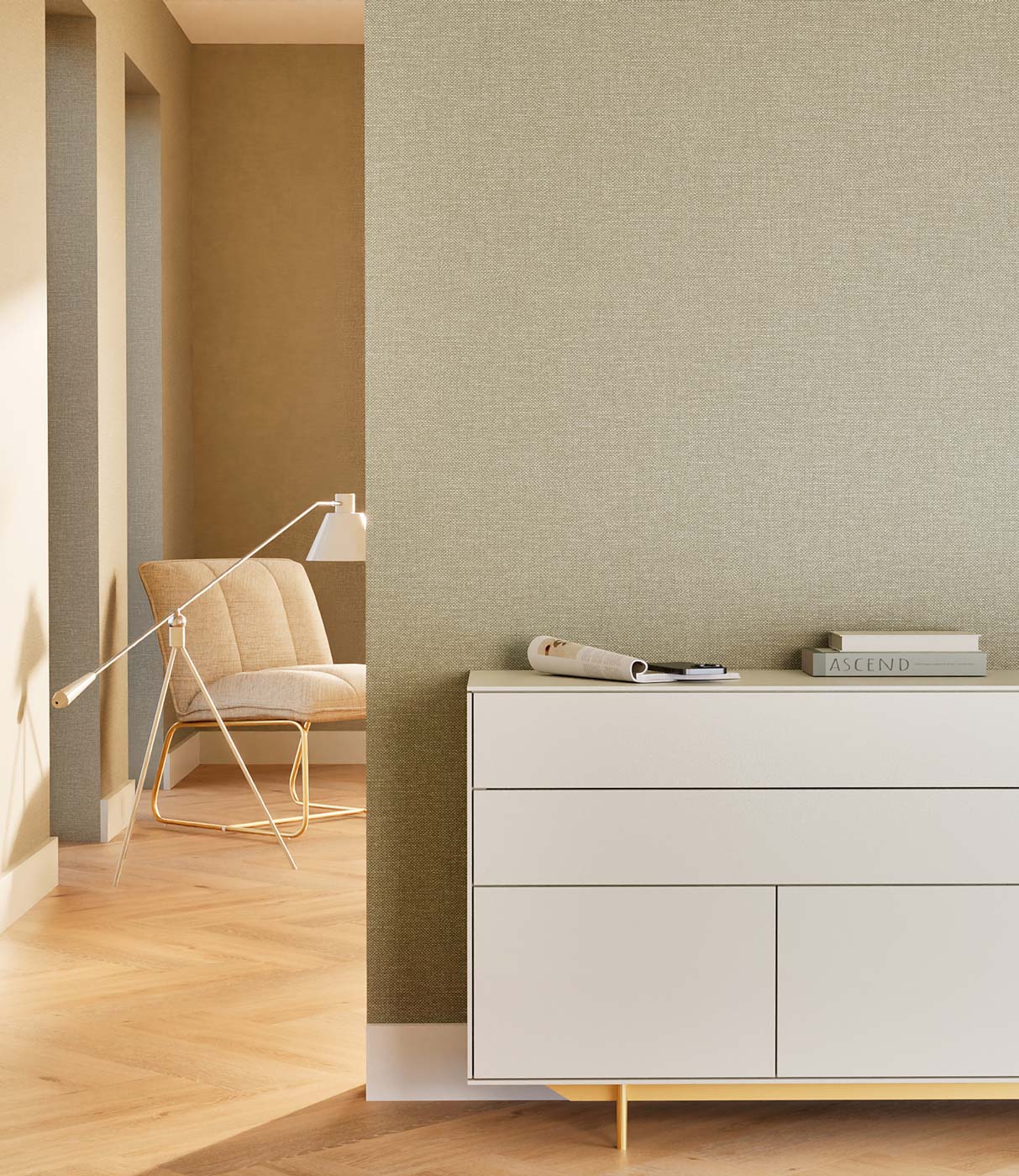 Behang linnen look Natural Chique, Long Island, 53 x 1000 cm, Interieur 2
